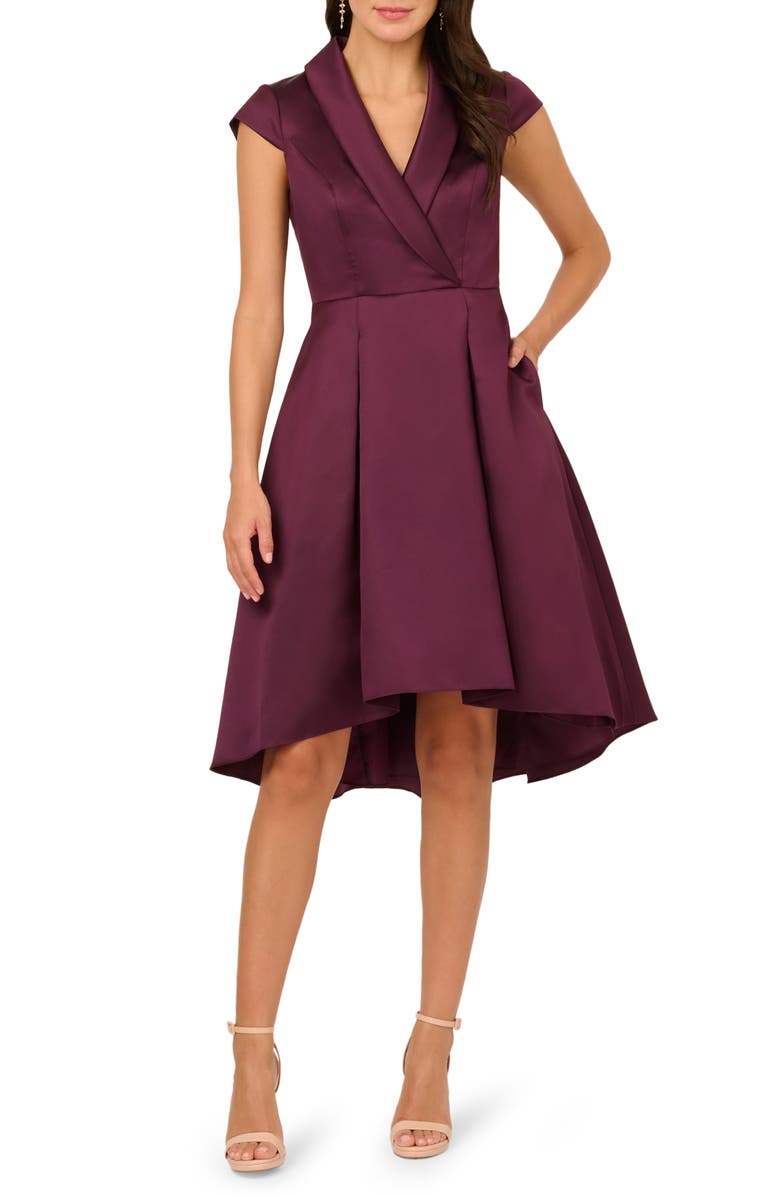 Adrianna Papell Box Pleat High-Low Mikado Dress, Main, color, Pinot Noir