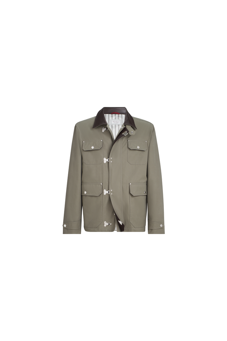 Water-resistant techno cotton gabardine outerwear jacket with leather inserts and hook fastening, Alternate, color, Military