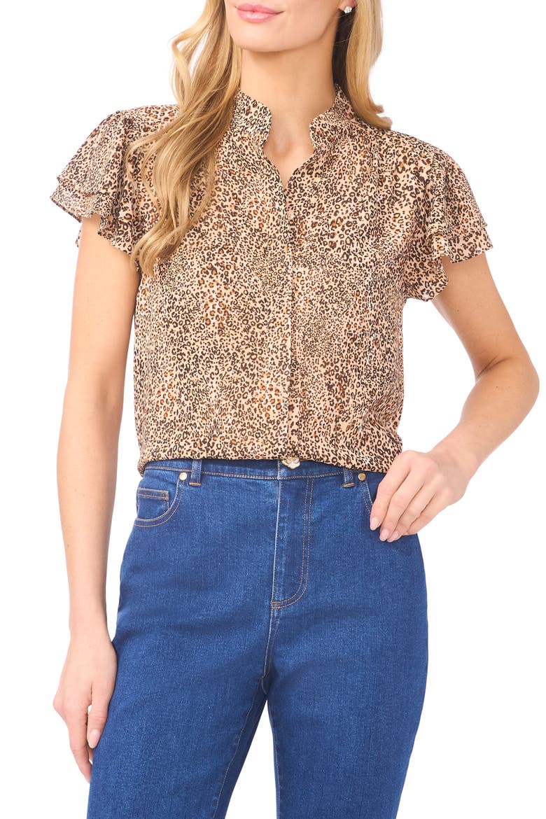 Leopard Print Chiffon Button-Up Shirt, Main, color, DUNE