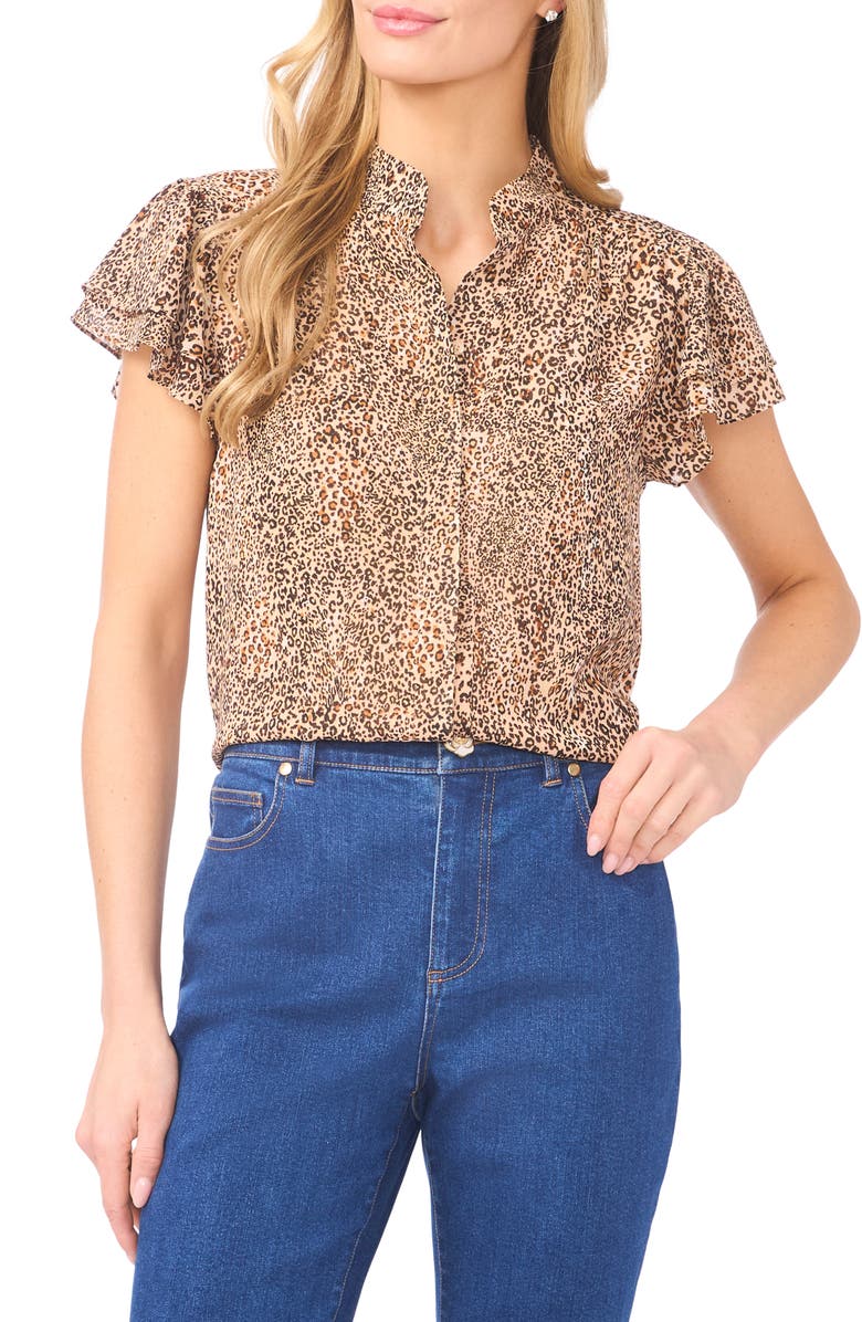 CeCe Leopard Print Chiffon Button-Up Shirt, Main, color, Dune
