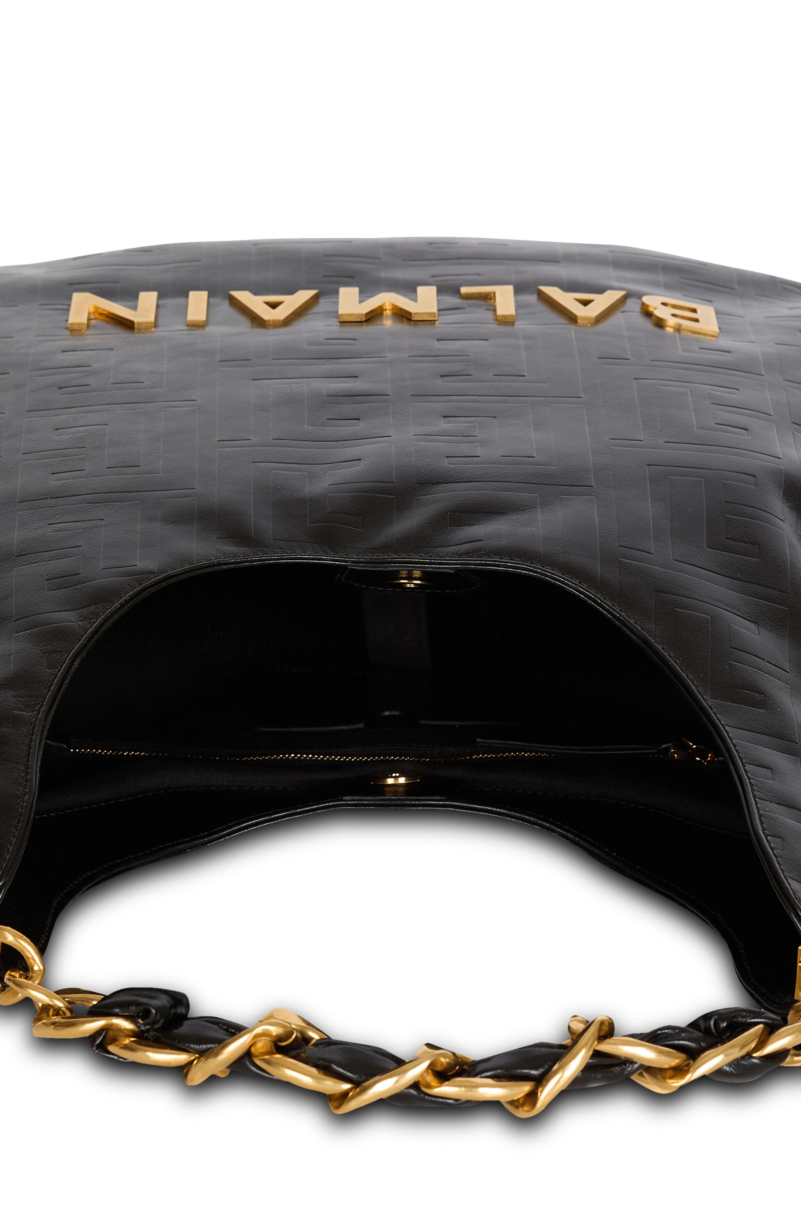 Balmain 1945 Soft Monogram Embossed Leather Hobo Bag, Alternate, color, 0Pa Black