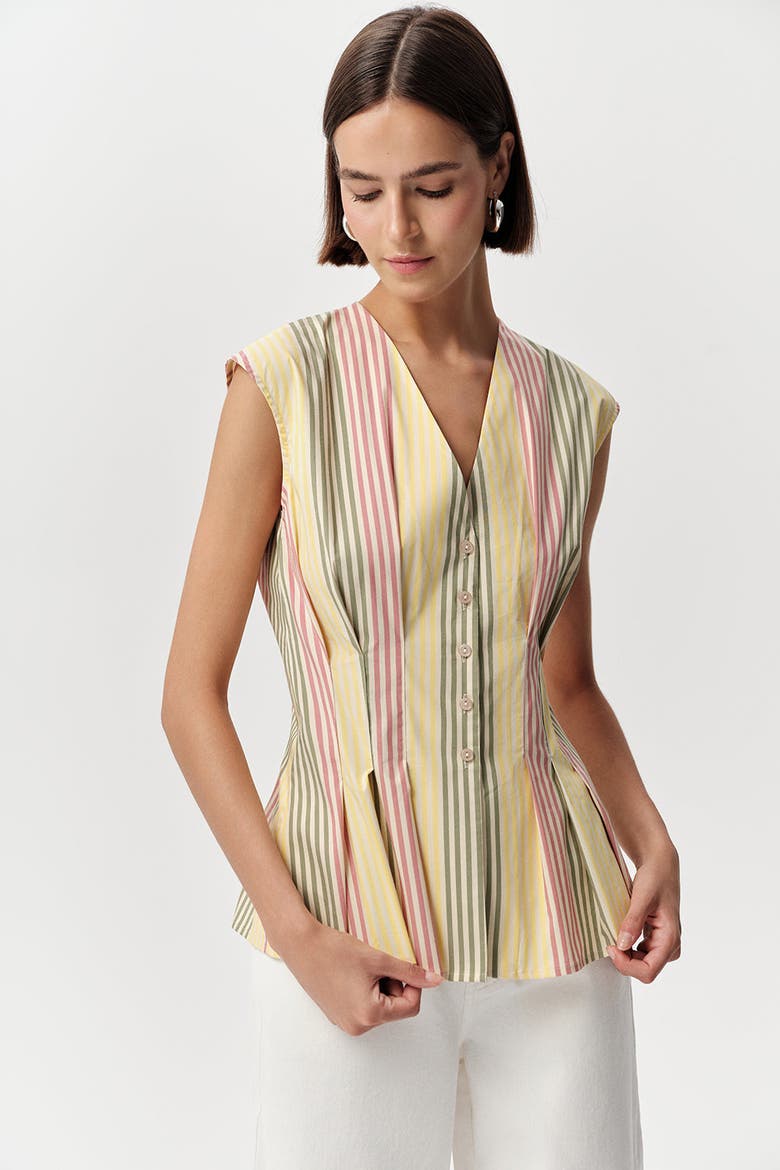 Biana V Neck Sleeveless Pleated Waist Shirt, Main, color, Multi Color