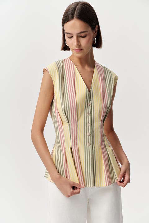 Biana V Neck Sleeveless Pleated Waist Shirt