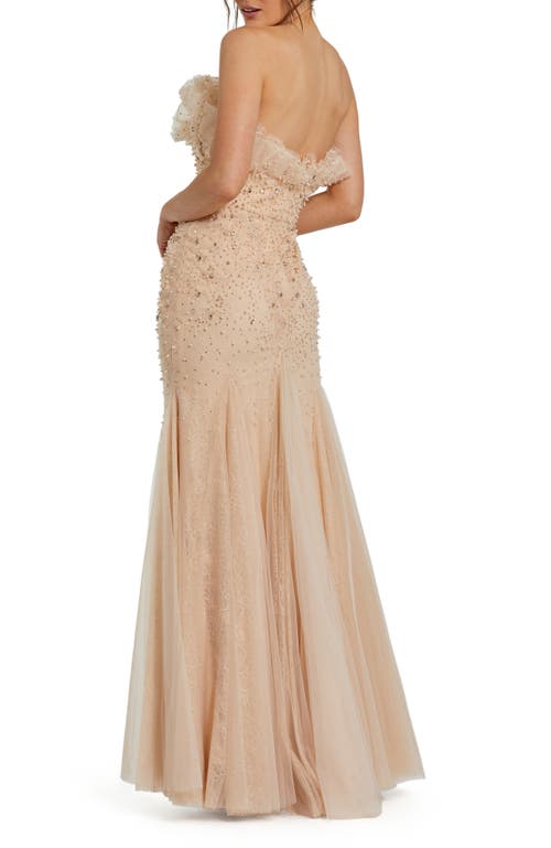 Mac Duggal Strapless Embellished Tulle Mermaid Gown In Porcelain