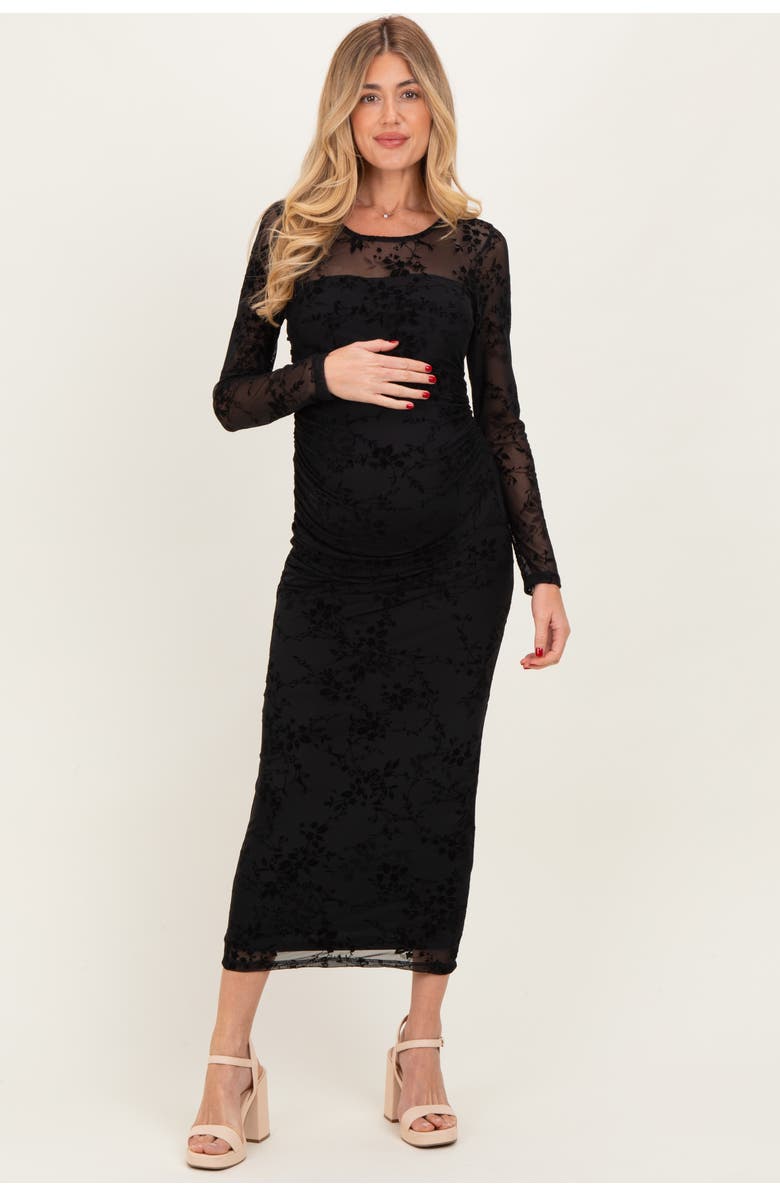 PinkBlush Floral Flocked Mesh Long Sleeve Midi Dress, Main, color, Black