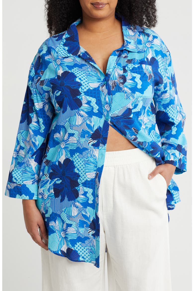 Floral Button-Up Tunic, Main, color, BLUE PATCH PRINT