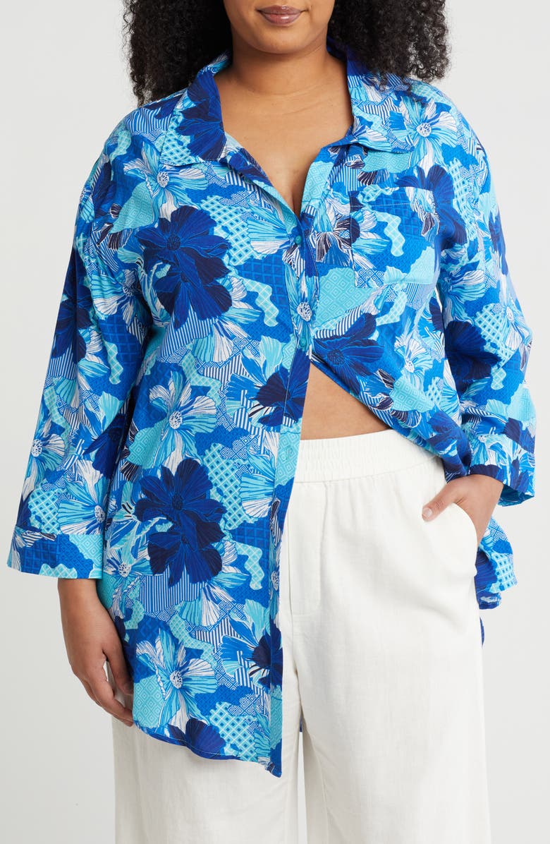 BOHO ME Floral Button-Up Tunic, Main, color, Blue Patch Print