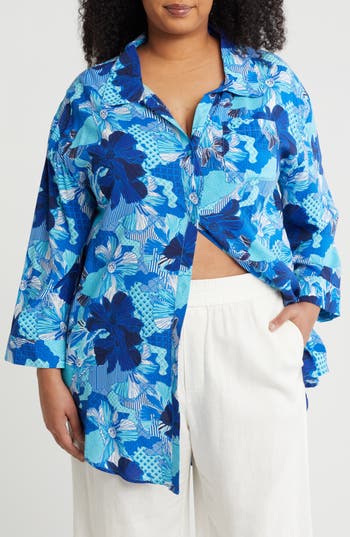 Boho Me Floral Button-up Tunic In Blue Patch Print