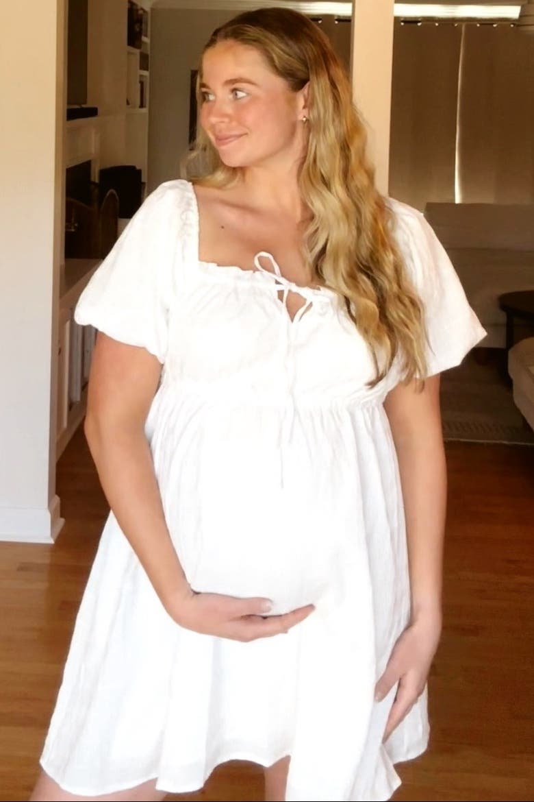 Textured Bubble Sleeve Maternity Mini Dress, Alternate, color, White