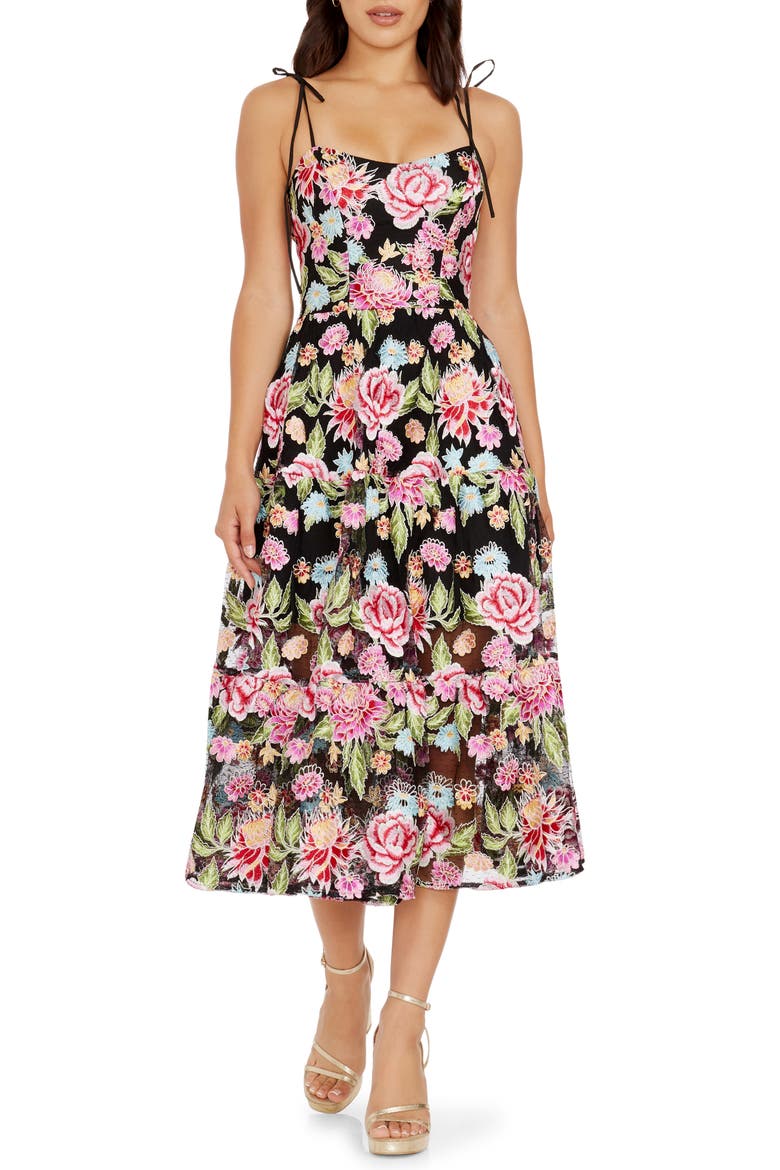 Dream Floral Embroidered Lace Midi Dress, Main, color, PINK ROSE MULTI