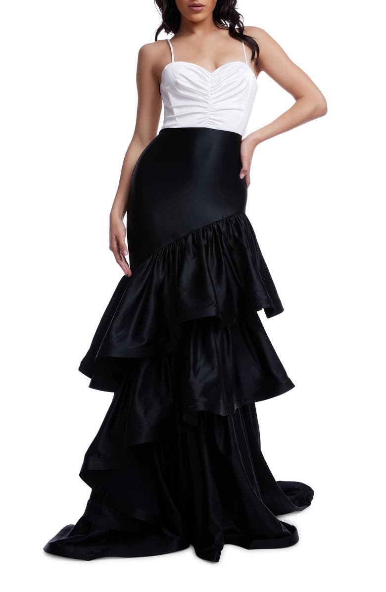 Dress the Population Clarice Tiered Ruffle Satin Gown, Main, color, Off White-Black