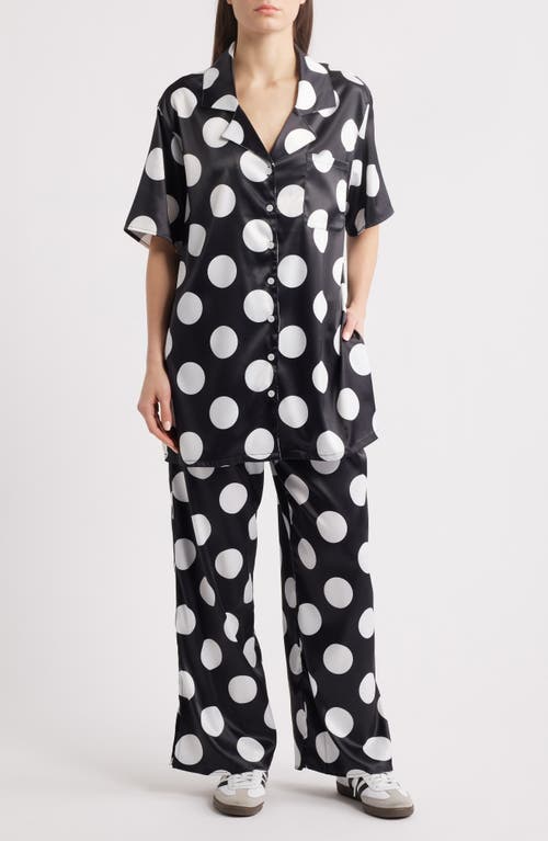 Dressed in Lala Dream So Big Polka Dot Satin Button-Up Shirt & Wide Leg Pants Set in Black/White  product