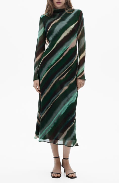 Print Turtleneck Long Sleeve Maxi Dress