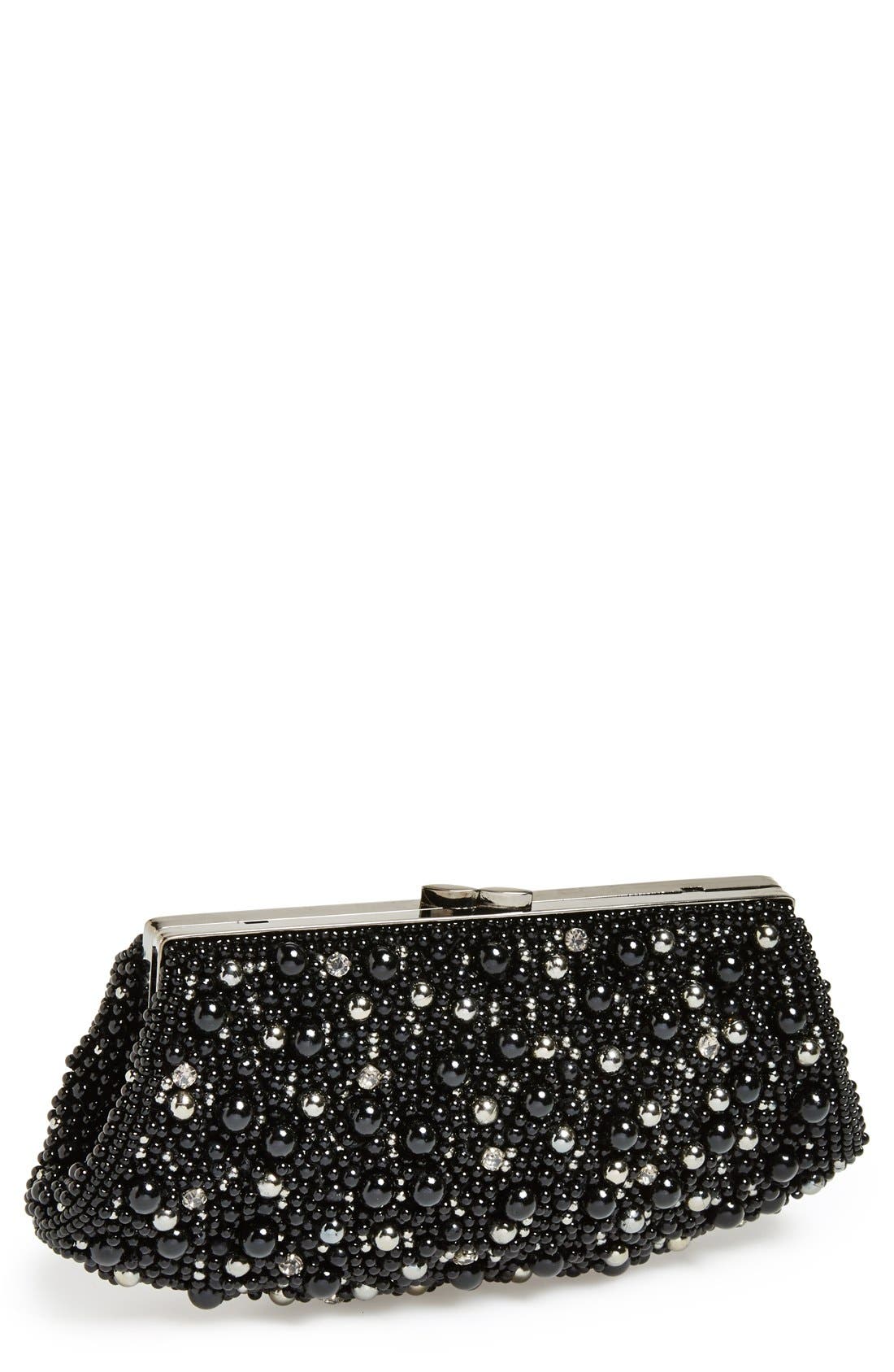 Crystal & Faux Pearl Clutch, Main, color, BLACK