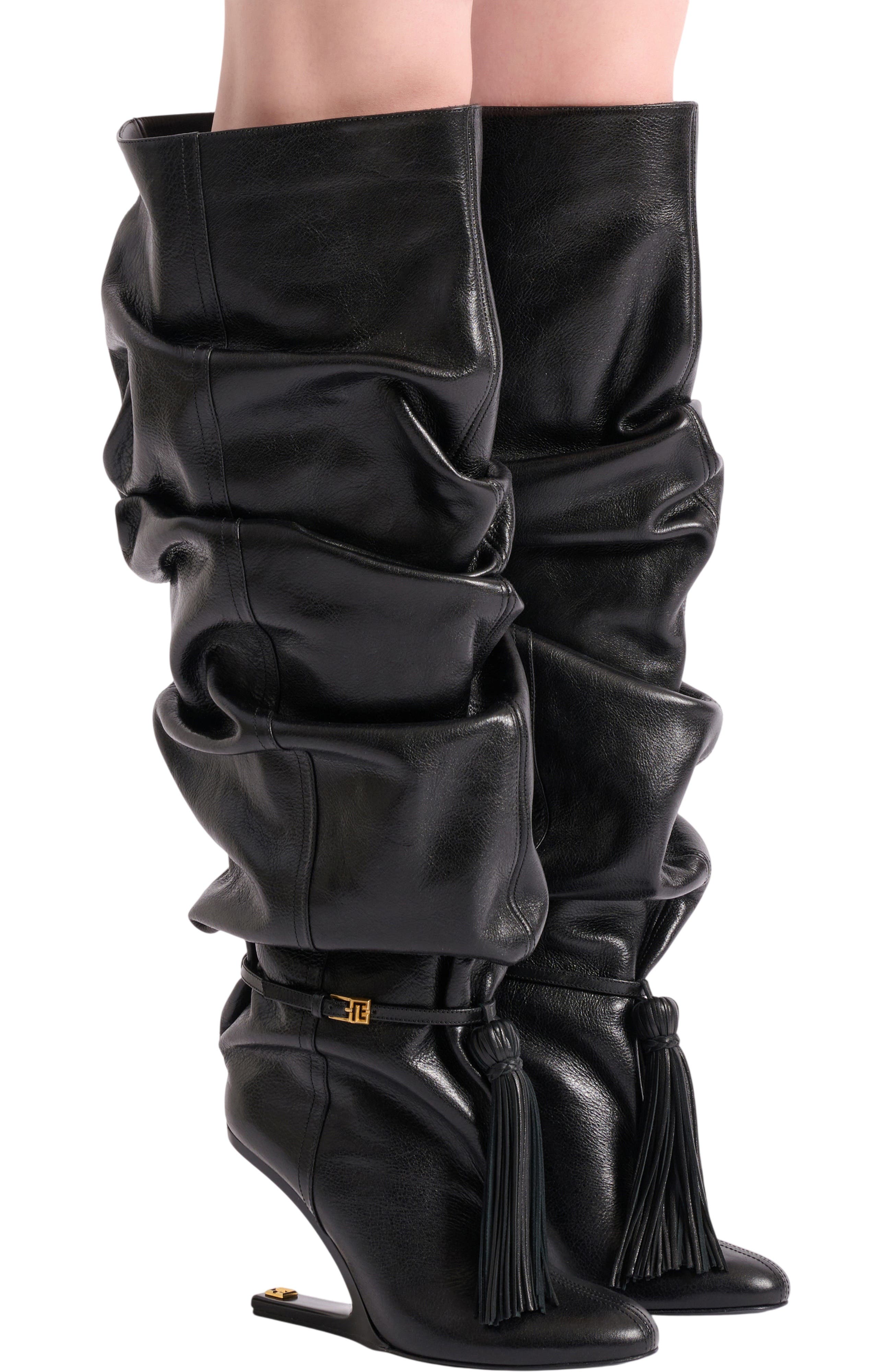 Balmain No Wedge textured leather thigh-high boots with tassel, Alternate, color, Black