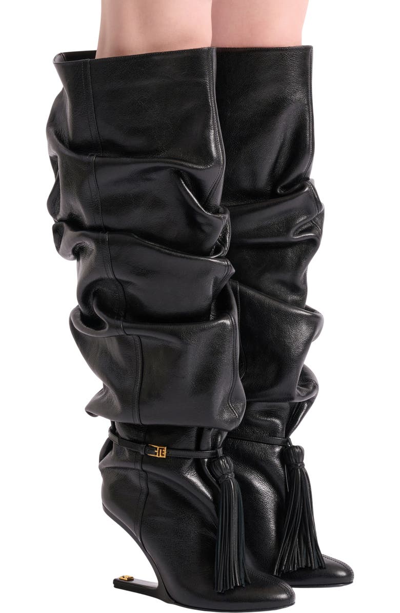 Balmain No Wedge textured leather thigh-high boots with tassel, Alternate, color, Black