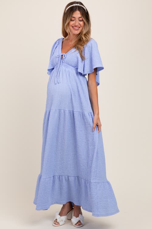 Pinkblush Woven Textured Flutter Sleeve V-neck Tiered Maxi Dress In Blue