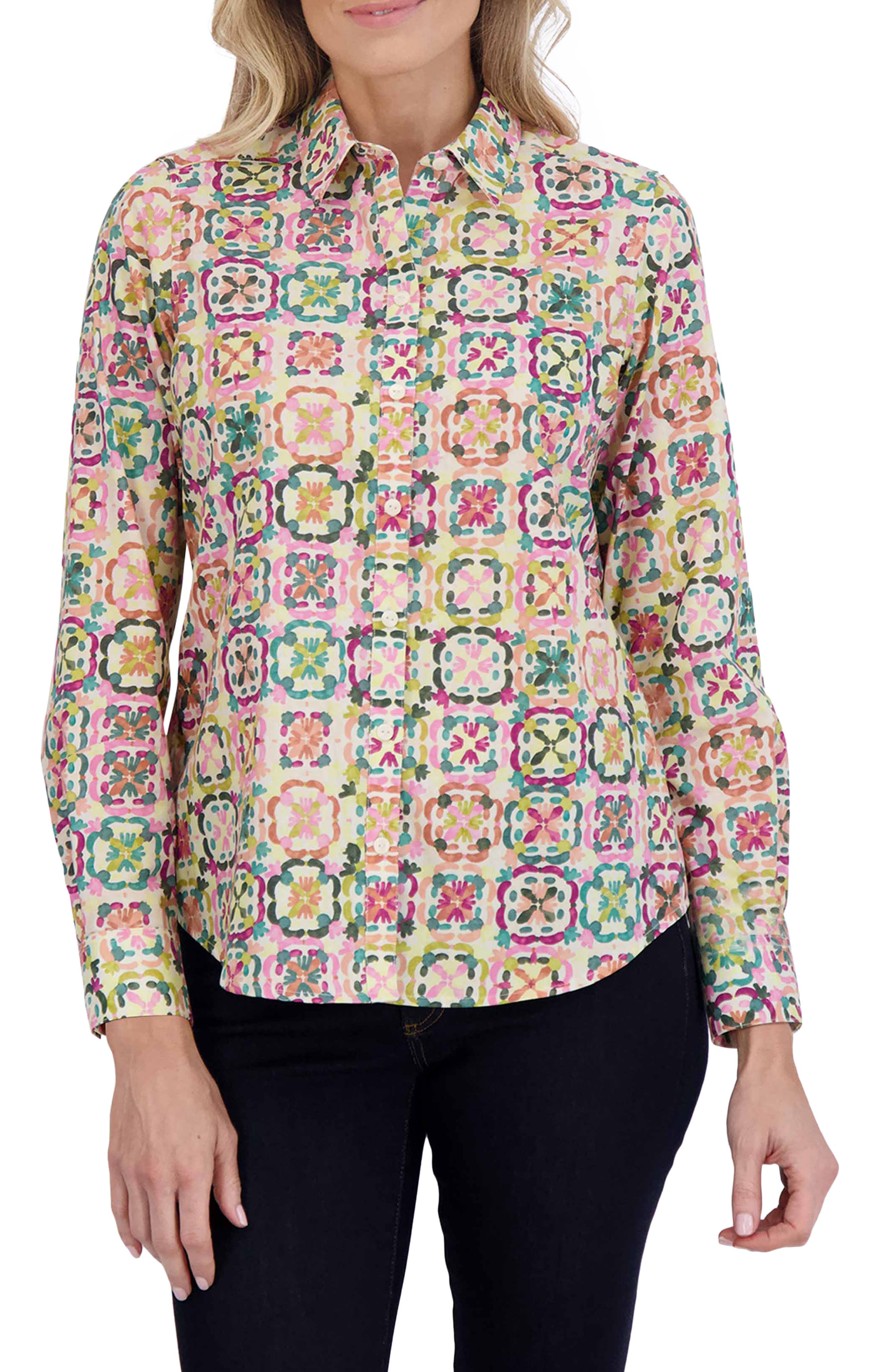 Foxcroft Zoey Watercolor Cotton Button-Up Shirt