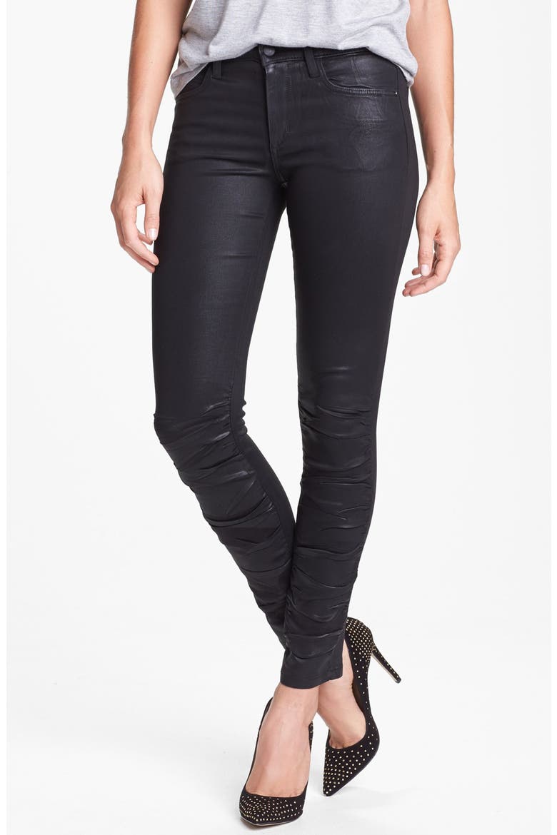 Ruched Coated Skinny Jeans, Main, color, JET BLACK