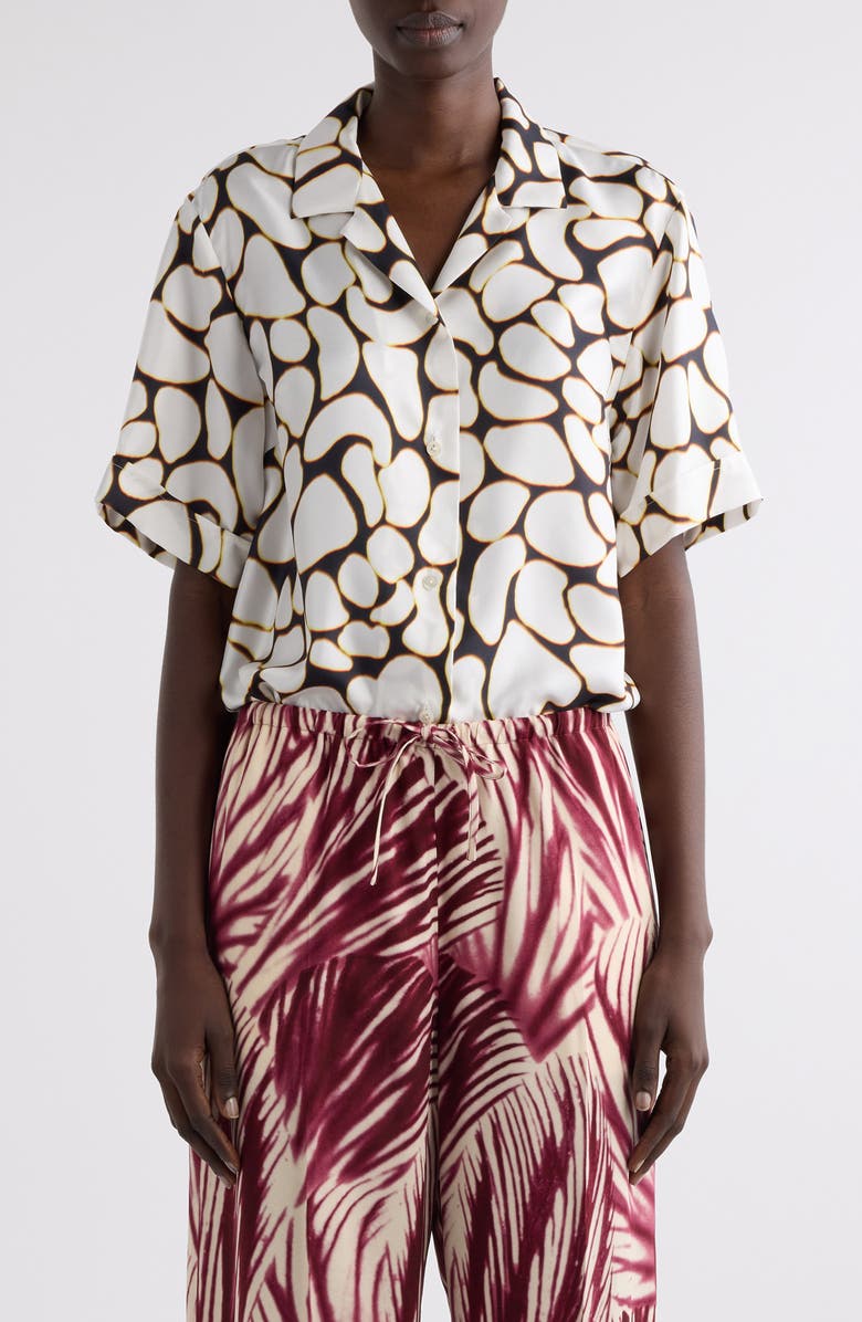 Dries Van Noten Clive Print Silk Camp Shirt, Main, color, Off White