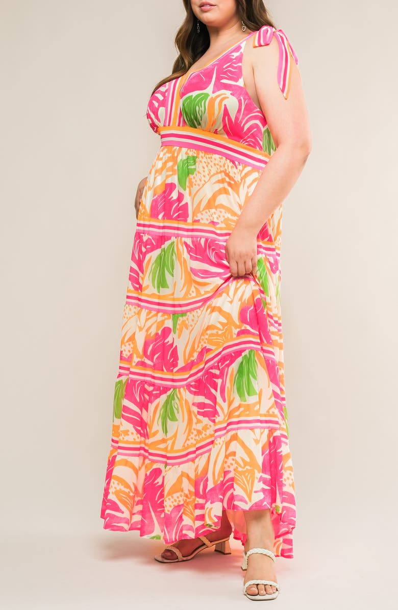 FLYING TOMATO Printed Tie Strap Tiered Maxi Sundress, Alternate, color, Fuchsia Orange