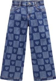 Mini Boden Kids' Heart Checkerboard Wide Leg Jeans