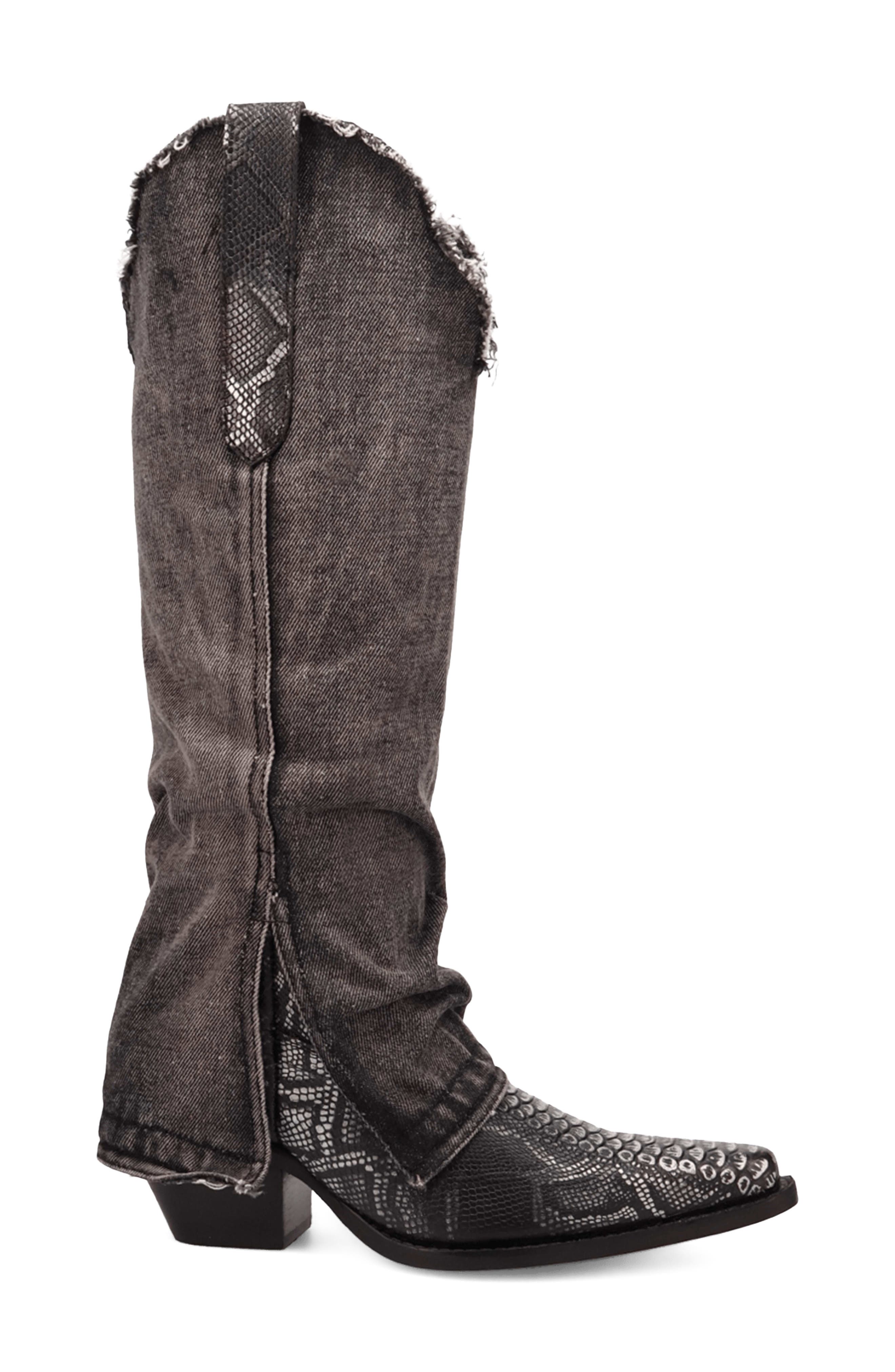 Dingo Knee High Denim & Snakeskin Embossed Western Boot, Alternate, color, Black