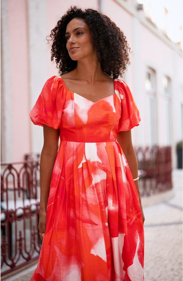 Yumi Floral Midi Dress With Puff Sleeves, Alternate, color, Red