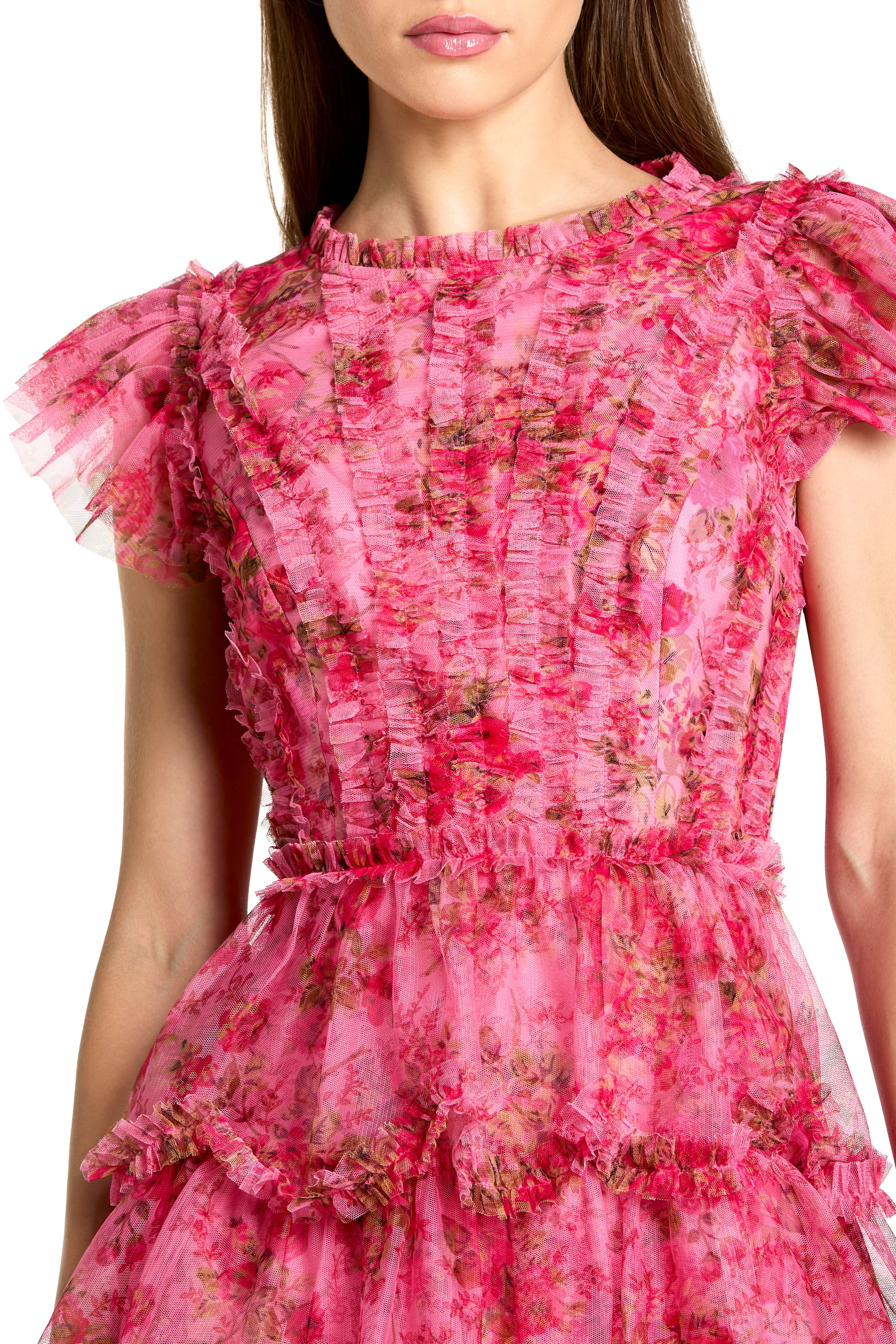 cap sleeve ruffle dress in mixed lace Exquisite Ruffled Notched Cap Sleeve Dress