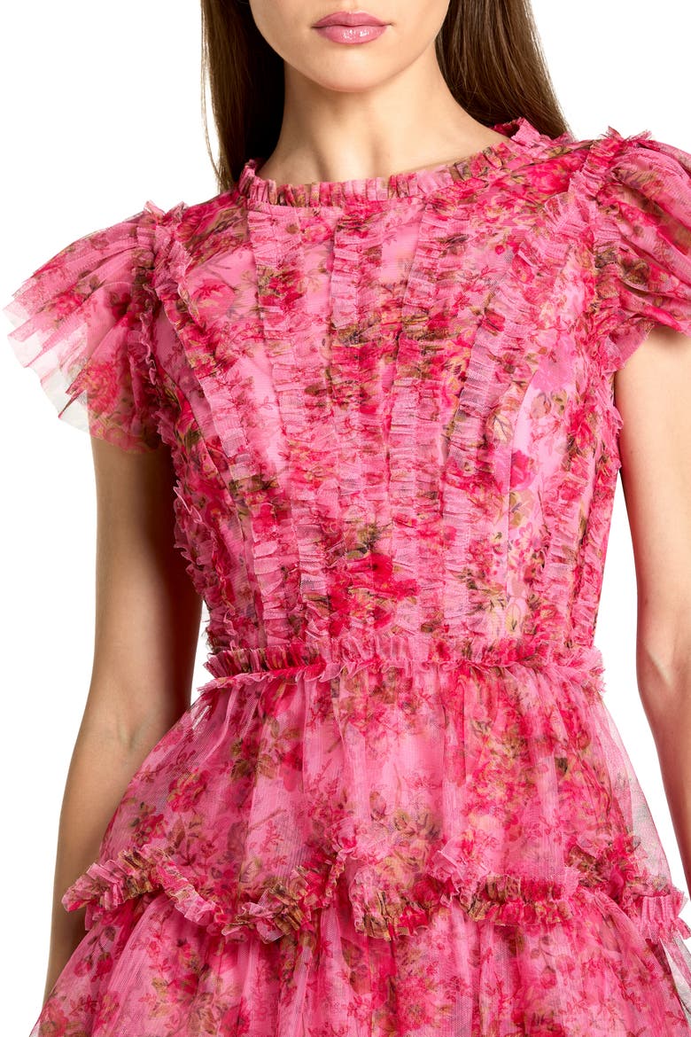 Floral High Neck Cap Sleeve Ruffle Mini Dress, Alternate, color, Pink Multi