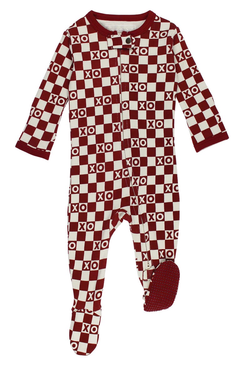 XO Checkerboard Organic Cotton Zip Footie, Main, color, CRIMSON XO CHECKER