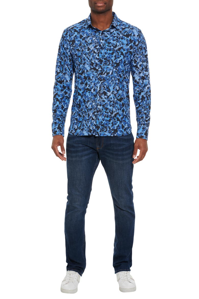 Ellander Camo Stretch Button-Up Performance Shirt, Alternate, color, BLUE MULTI