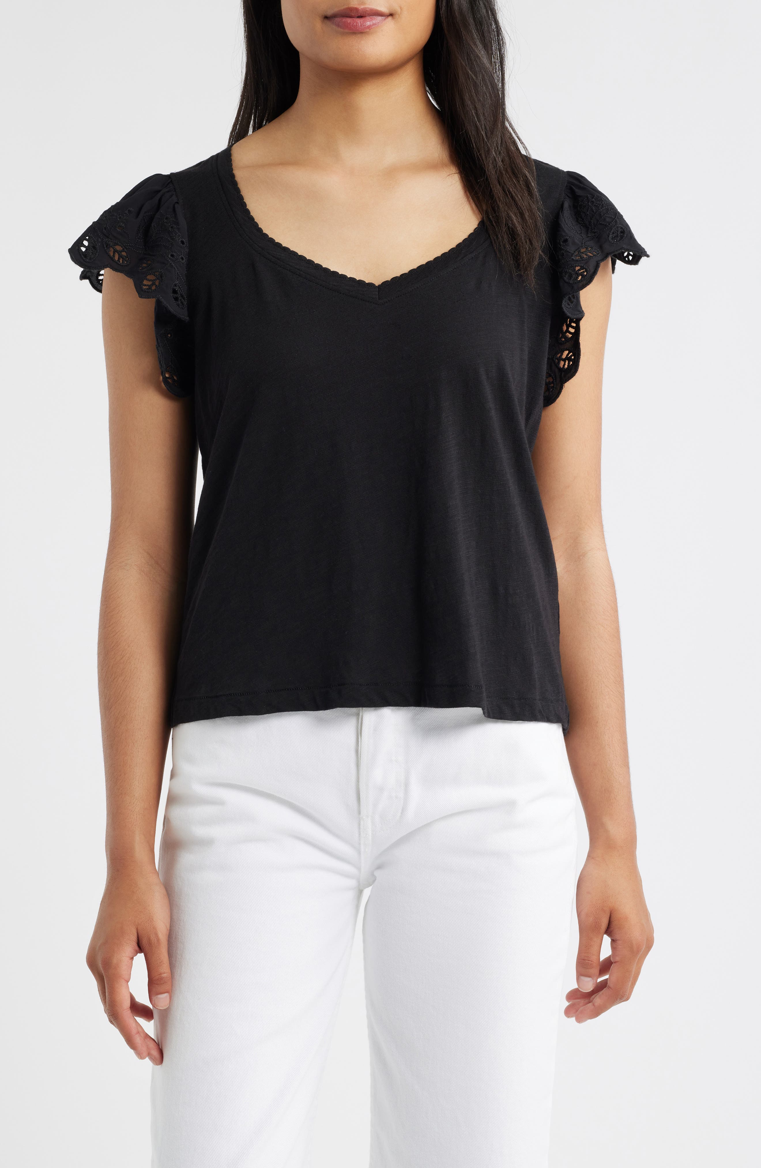 Eyelet Flutter Sleeve Jersey T-Shirt