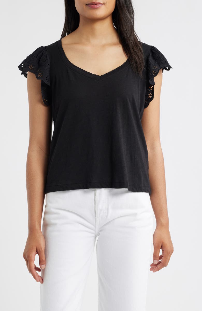 Wit & Wisdom Eyelet Flutter Sleeve Jersey T-Shirt, Main, color, Black/ Black