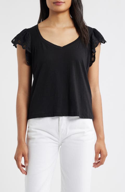 Eyelet Flutter Sleeve Jersey T-Shirt