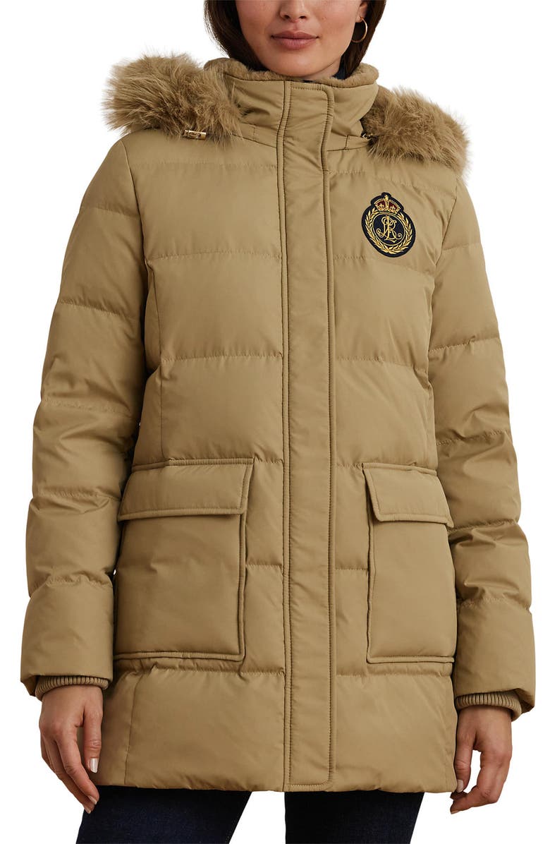 Lauren Ralph Lauren Crest Patch Down & Feather Fill Hooded Coat, Main, color, Birch Tan