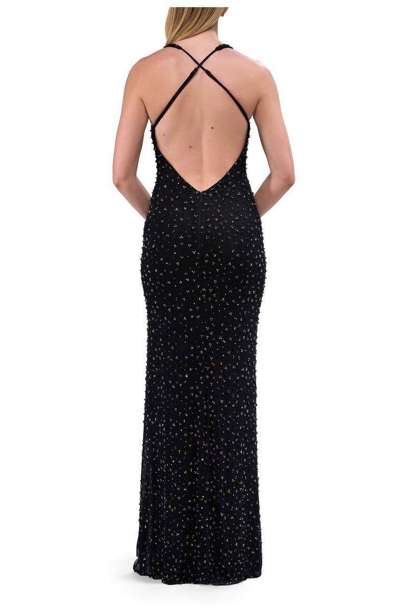 La Femme Beaded Fitted Stretch Net Dress with Halter Top, Alternate, color, Black