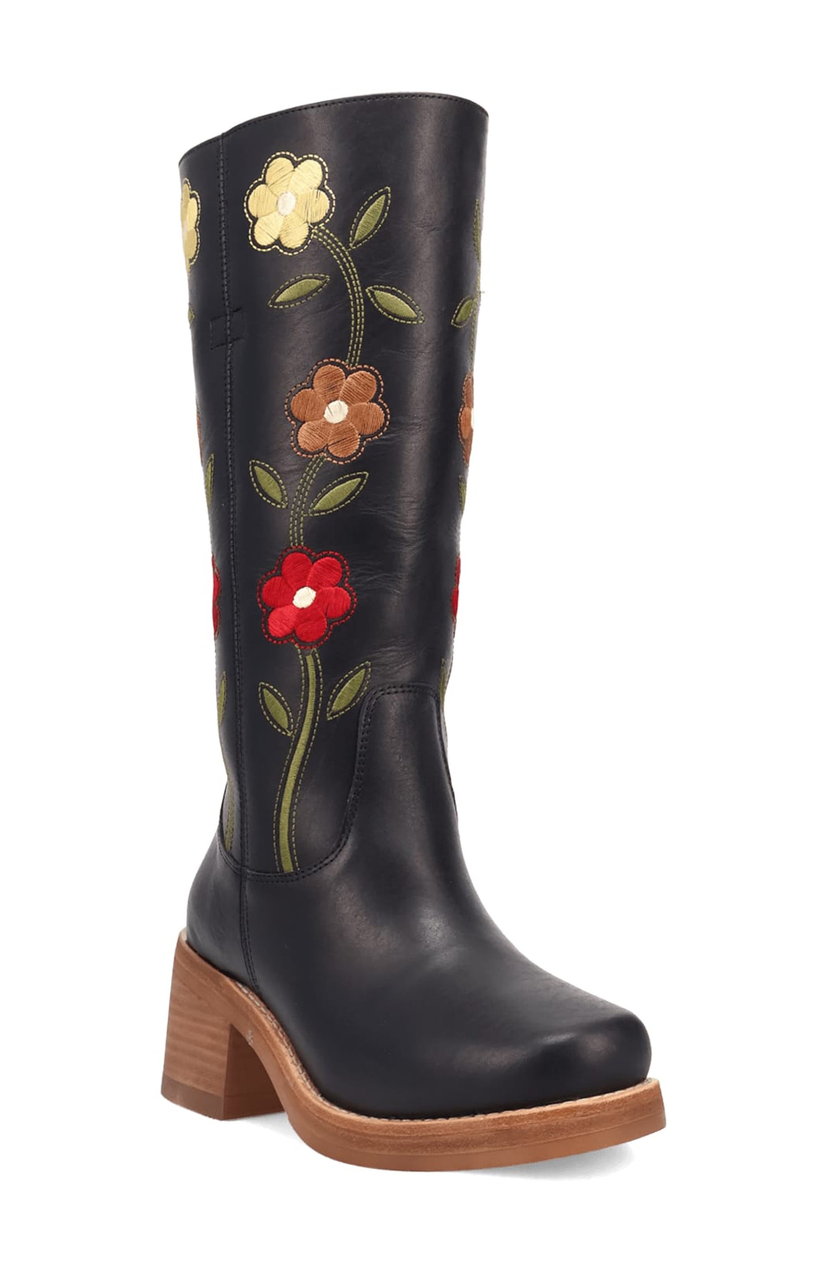 Dingo Bloom Embroidered Boot, Main, color, Black