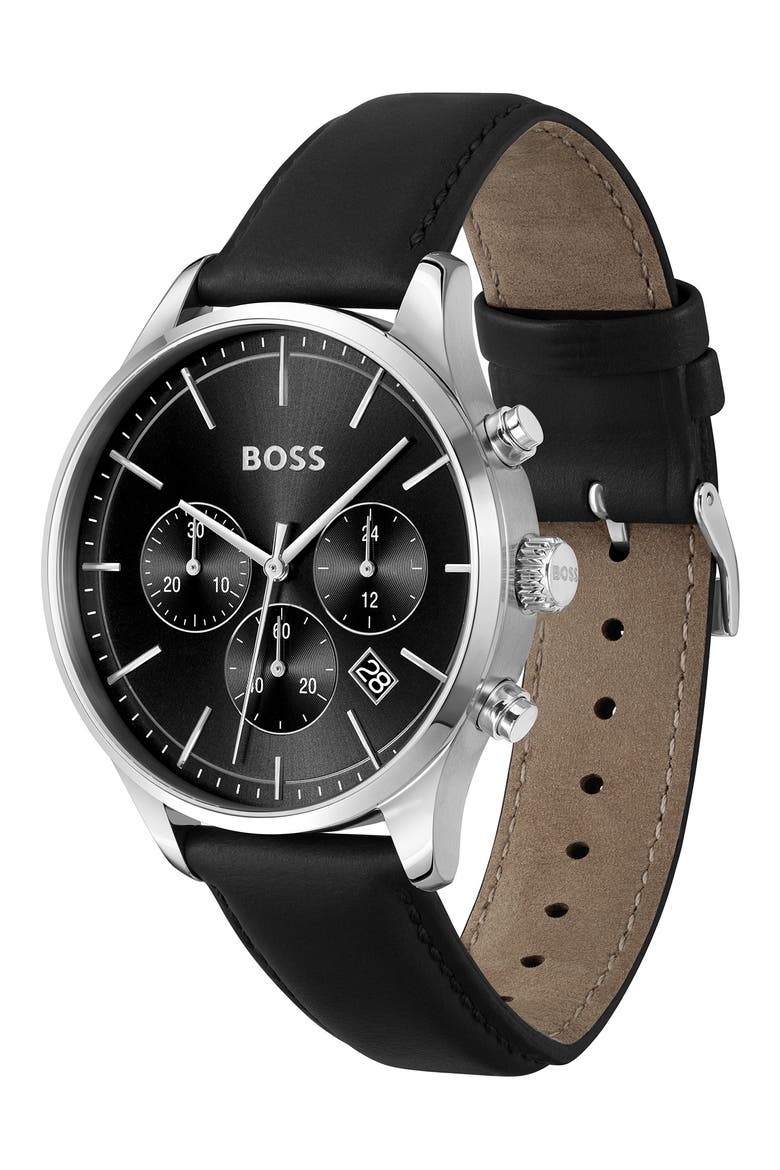 Avery Chronograph Leather Strap Watch, 42mm, Alternate, color, BLACK