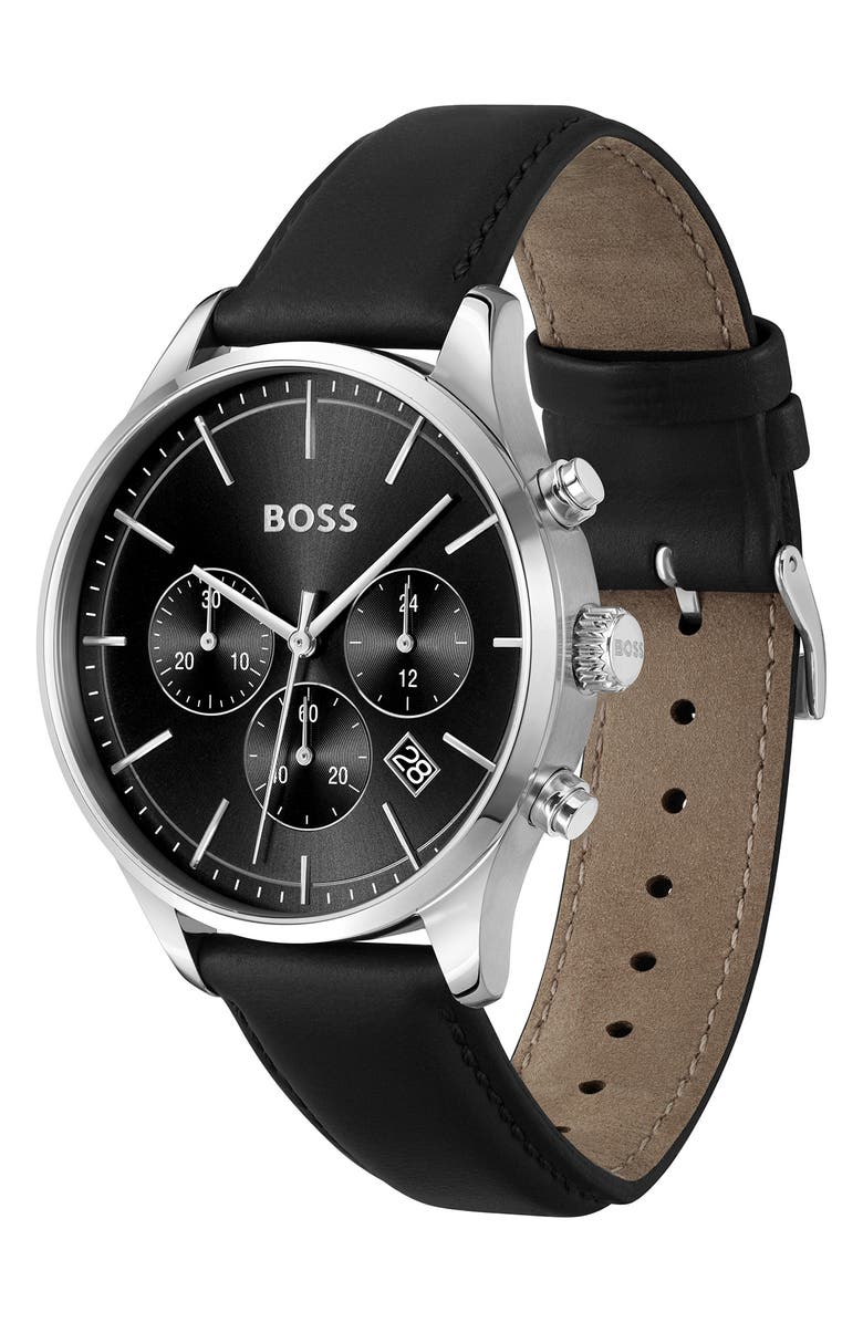 BOSS Avery Chronograph Leather Strap Watch, 42mm, Alternate, color, Black