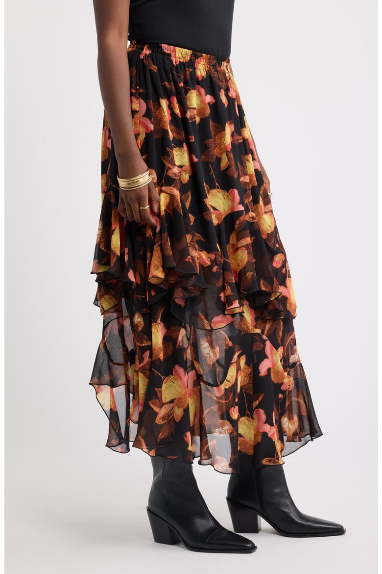 Tiered Chiffon Maxi Skirt, Alternate, color, BLACK- PINK BOLD PETALS