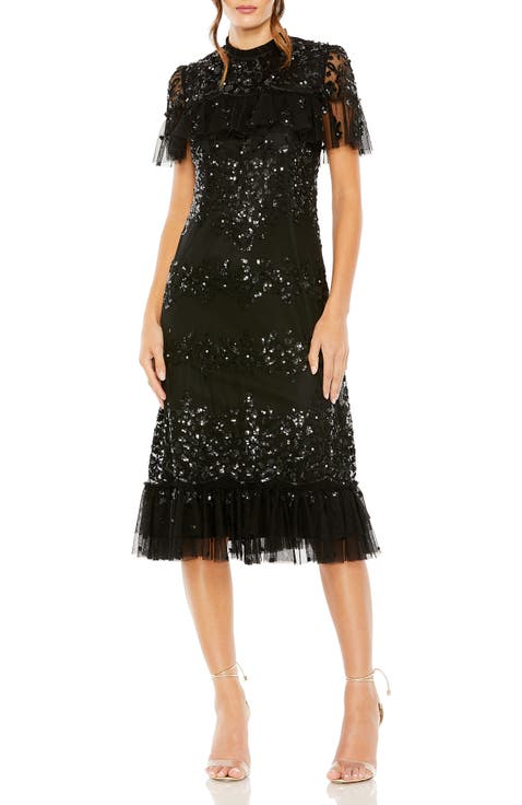 Women's Sequined High Neck Ruffled Flutter Sleeve Midi Dress