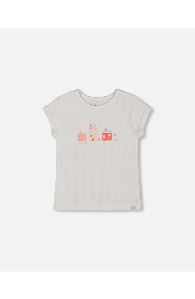 Deux par Deux Girl's Flat Back Rib Top With Print White And Pink House, Main, color, 