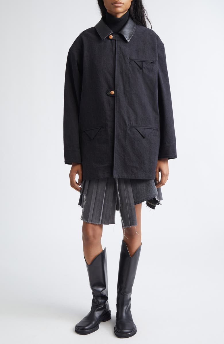 KURO Leather Collar Denim Coat, Alternate, color, Black