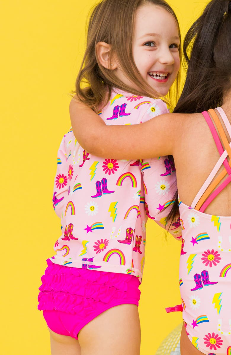 RuffleButts Cowgirl Cutie Two-Piece Rashguard Swimsuit, Alternate, color, Pink