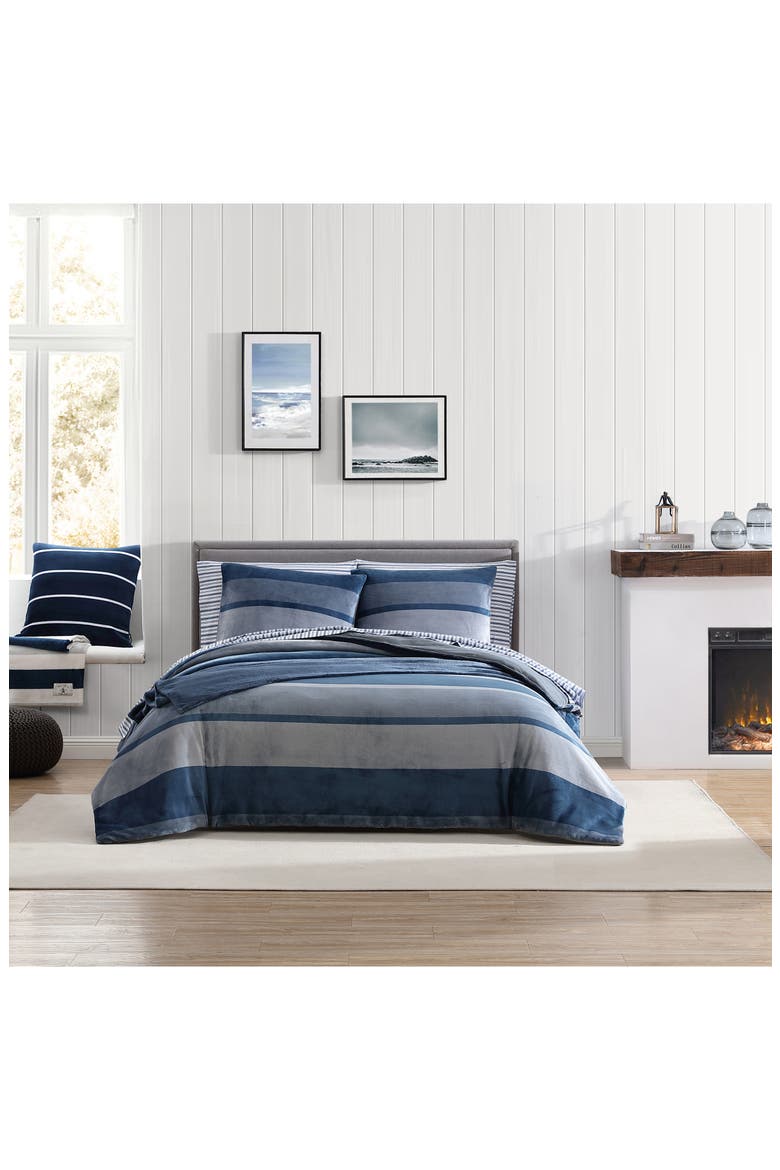 Linden Stripe Plush Comforter Set, Alternate, color, NAVY