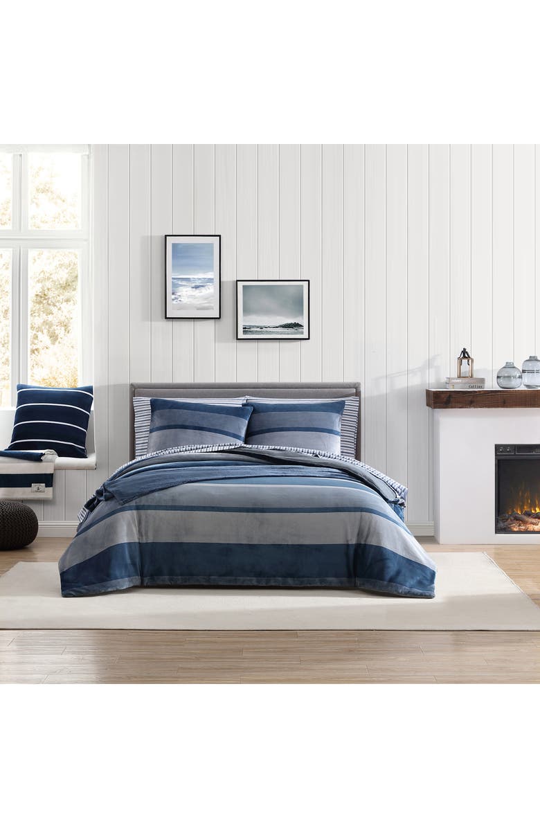 Nautica Linden Stripe Plush Comforter Set, Alternate, color, Navy