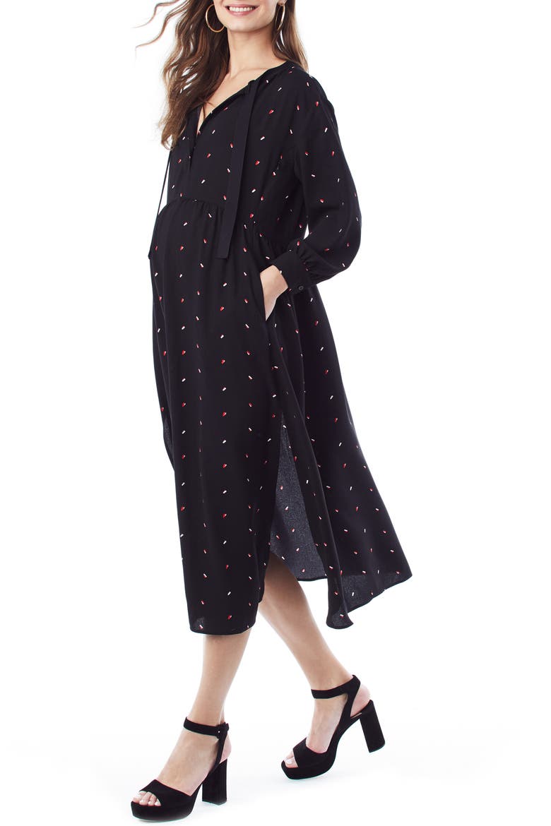 Ali Midi Maternity/Nursing Shirtdress, Alternate, color, BLACK W/ PRINT