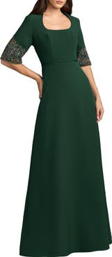 Mac Duggal Petite Green Scoop Neck Beaded Cuff Crepe Gown