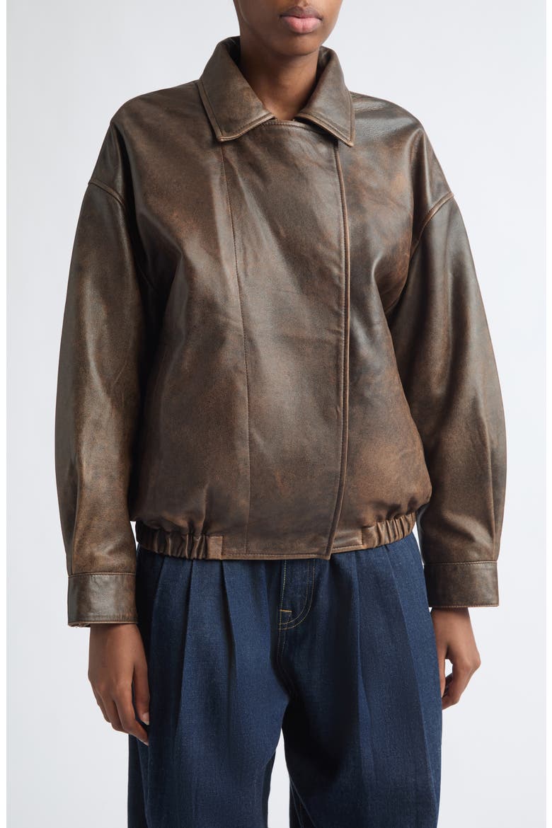Leather Bomber Jacket with Removable Genuine Shearling Collar, Alternate, color, BROWN